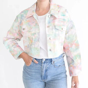For Love  & Lemons Delphine Tie-Dye Print Cropped Denim Button Up Jacket L NWT